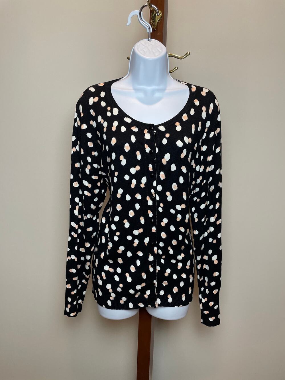 Philosophy Cardigan Size XL Black Pink White Polka Dot Button Front Knit NWT